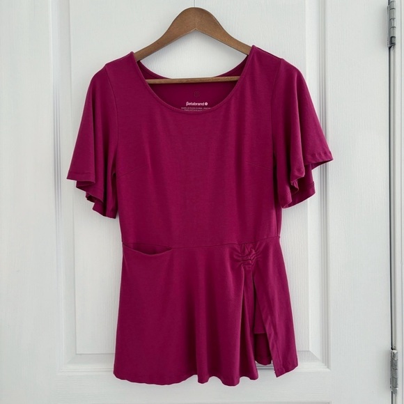Betabrand Erin Peplum Top Small Maroon Flutter Sleeves - Picture 2 of 8